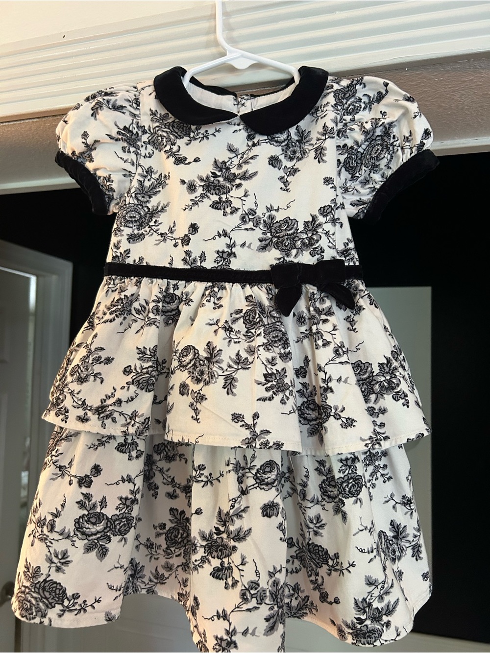 Janie and Jack Black and White Floral Tiered Dress with Velvet Trim